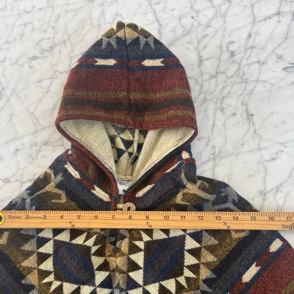 Kids Poncho Sz 4-6Y Geometric Patterned Hooded Poncho Fringe Tejidos Mary